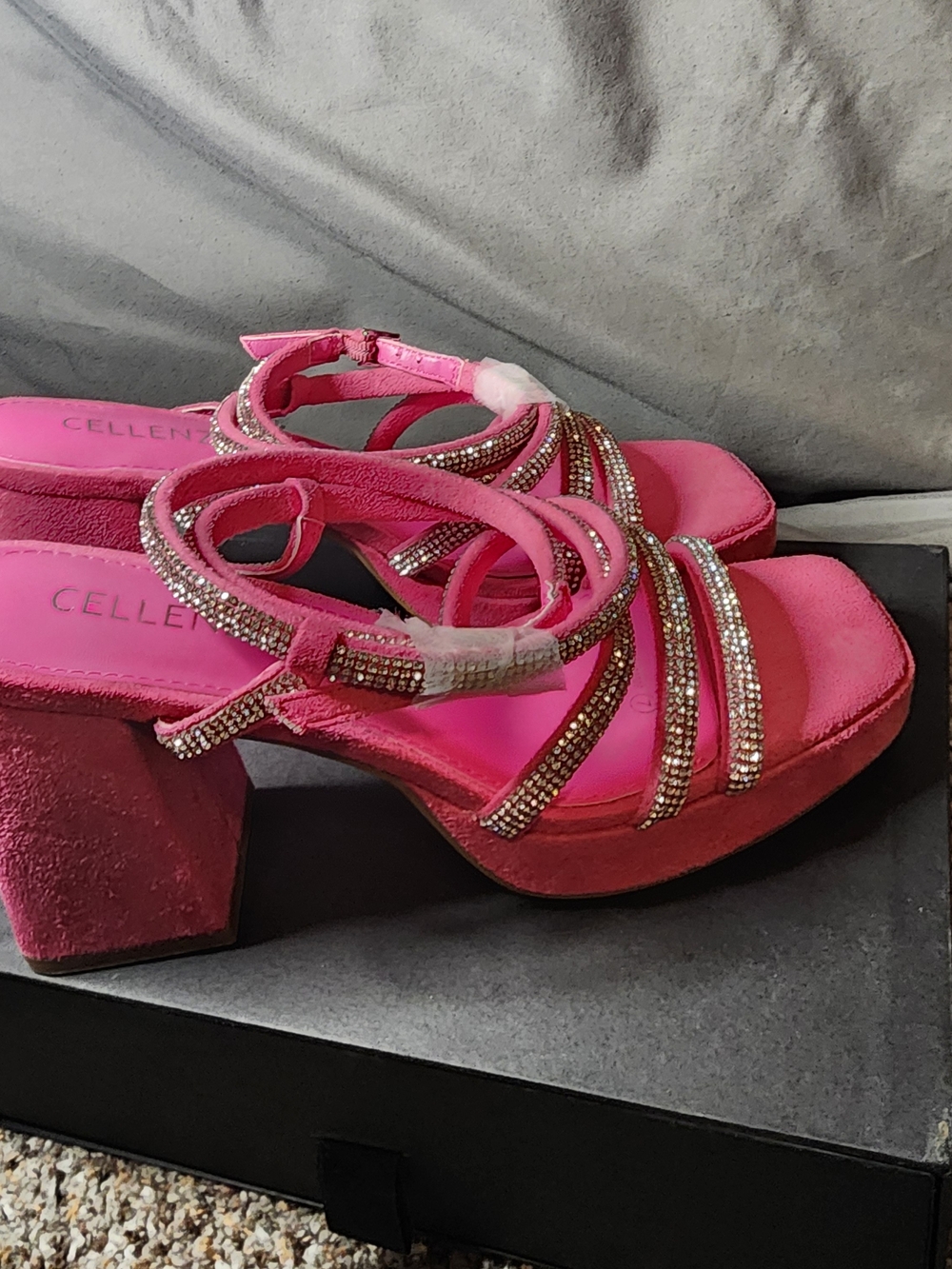 Pink Crystal Strap Block Heel Sandals - Picture 3 of 6